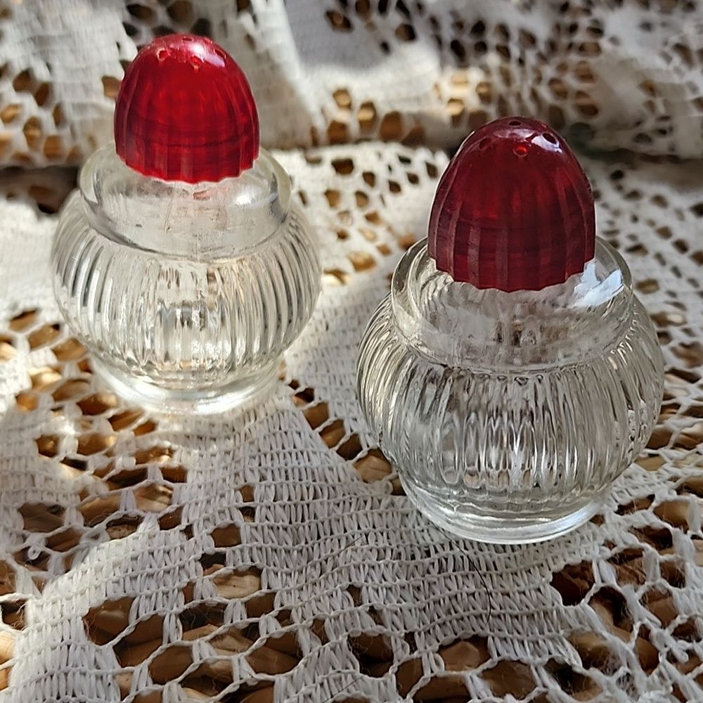 Vintage Red Topped Glass Salt & Pepper Shakers 1960